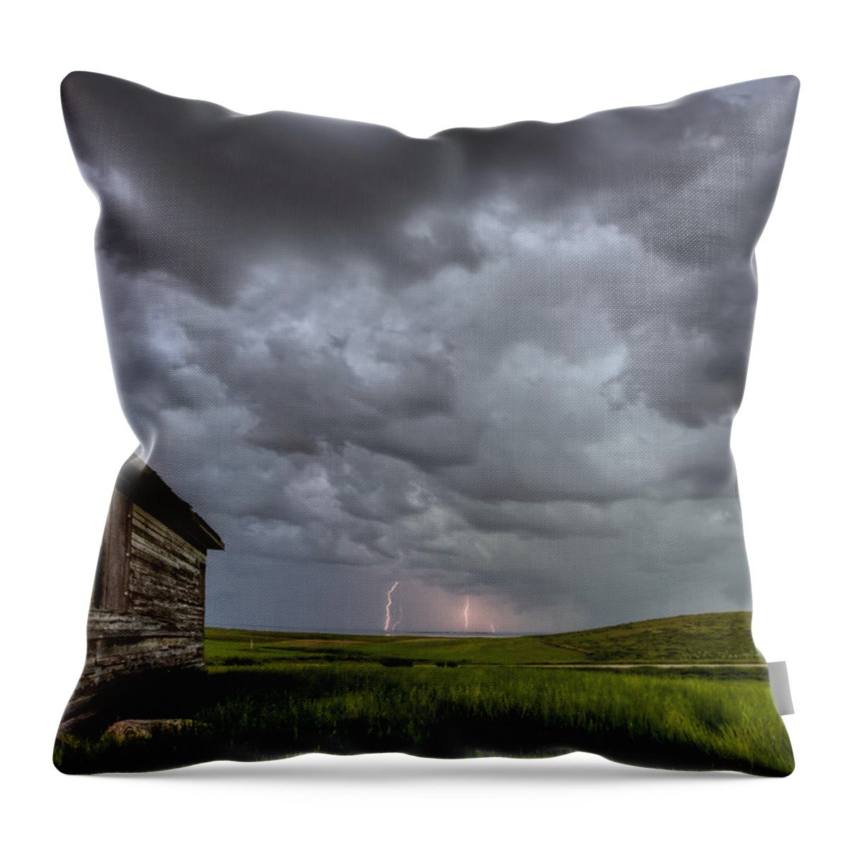 Prairie Throw Pillow featuring the photograph Old School House and Lightning by Mark Duffy