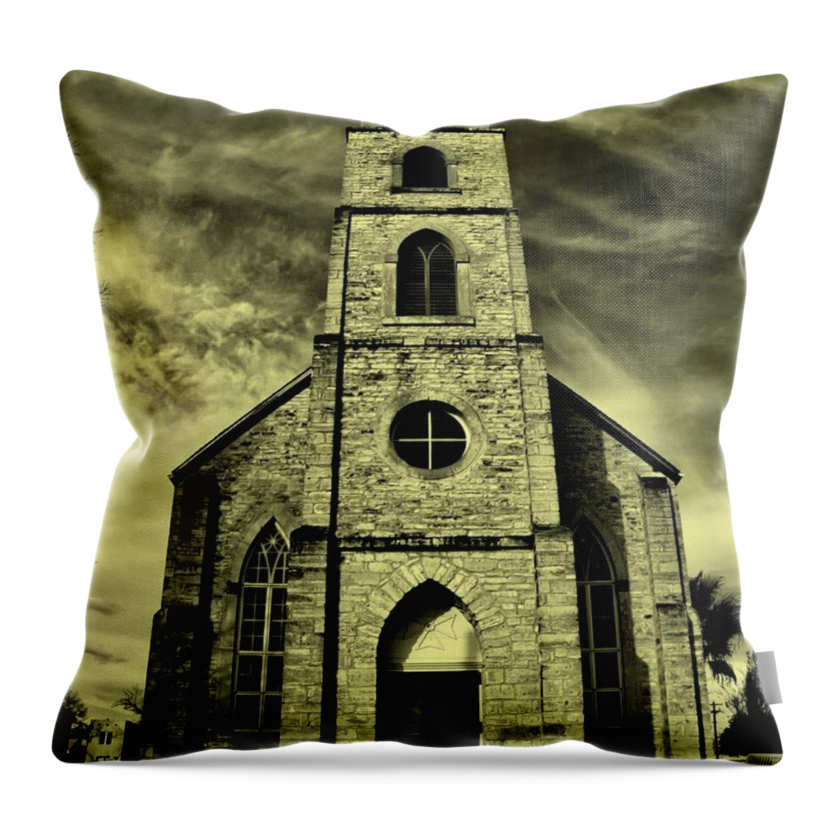Michael Tidwell Photography Throw Pillow featuring the photograph Old St. Mary's Church in Fredericksburg Texas in Sepia by Michael Tidwell