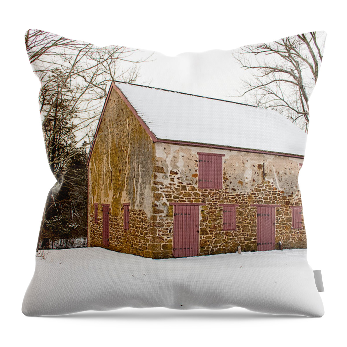 Barn Throw Pillow featuring the photograph Old Stone Barn in Winter by Kristia Adams