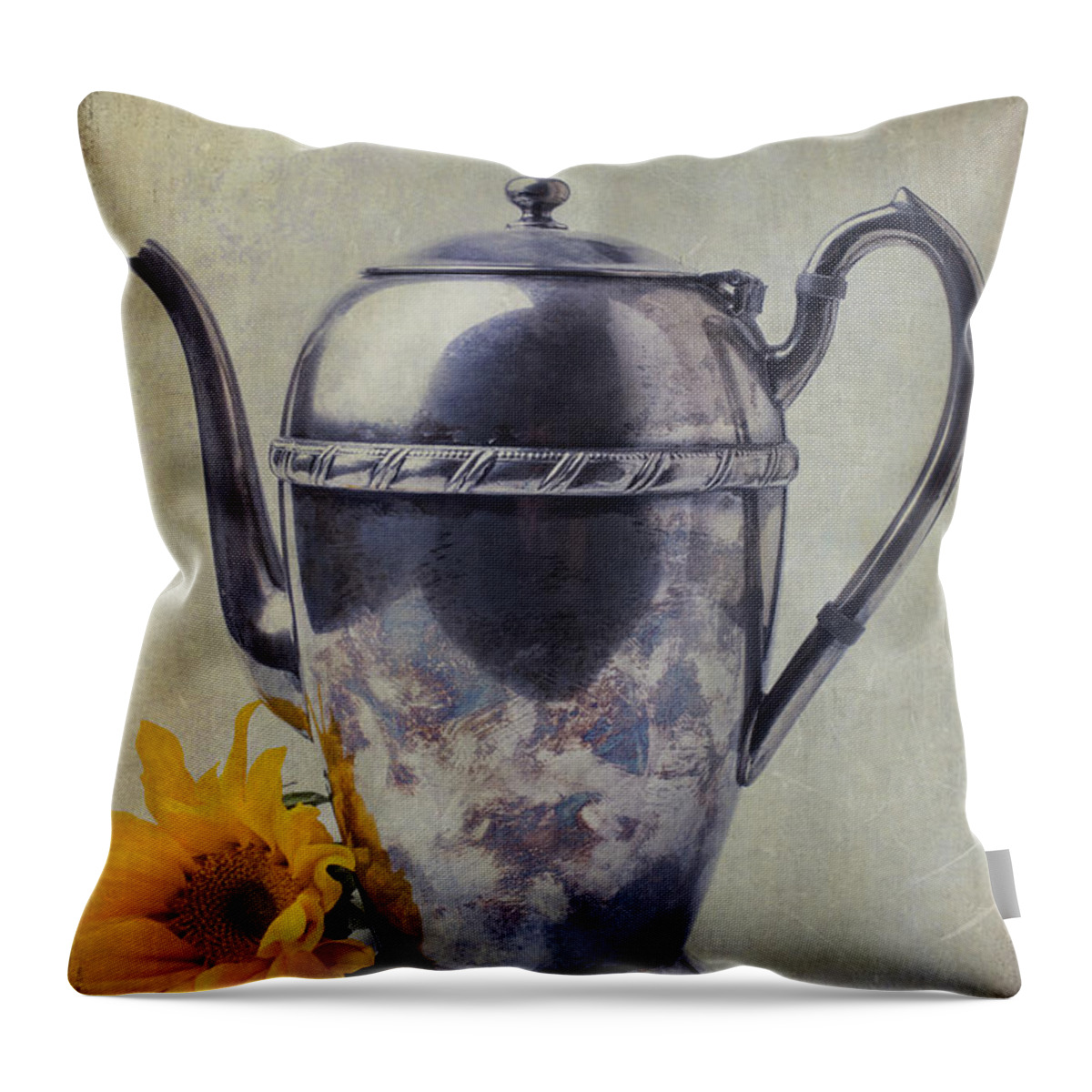 Teapot Throw Pillow featuring the photograph Old Teapot With Sunflower by Garry Gay