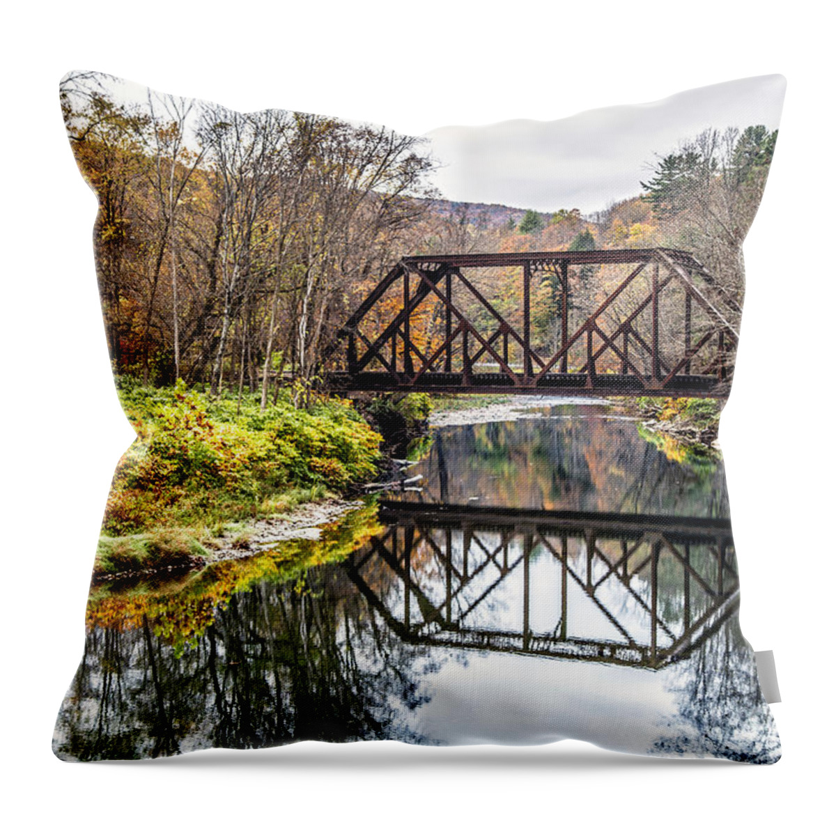 Vermont Throw Pillow featuring the photograph Old Vermont Train Bridge in Autumn by Edward Fielding