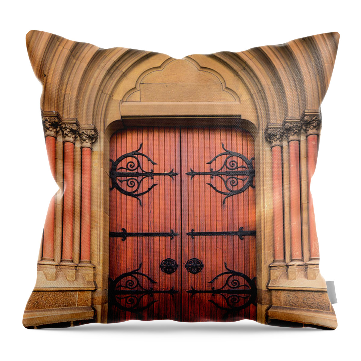 Arch Throw Pillow featuring the photograph Old Wooden Church Door Framed By by Avril Morgan