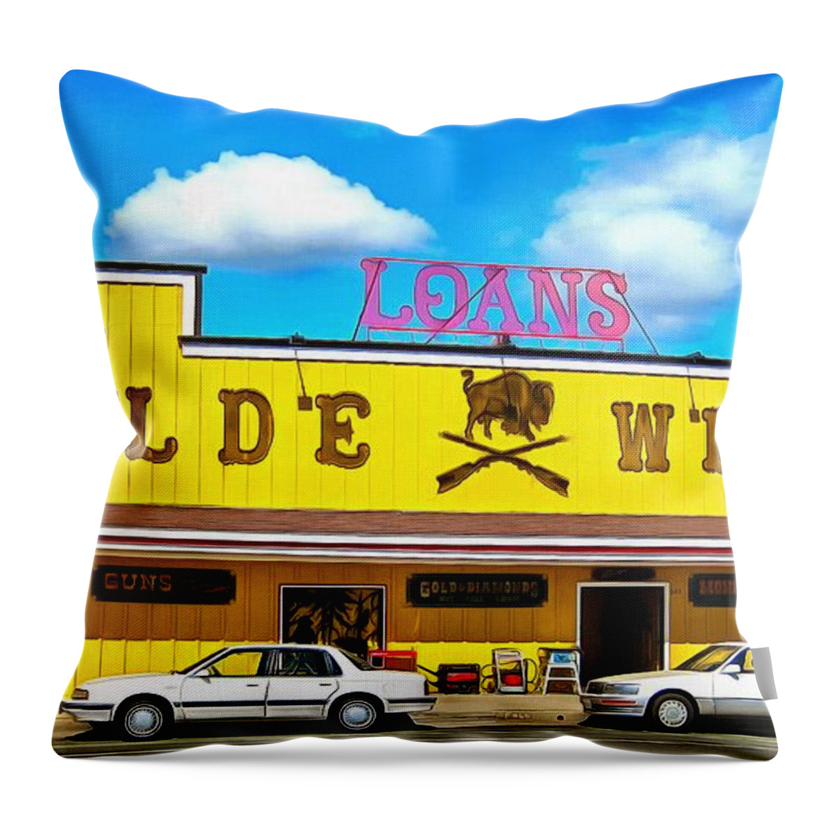 Olde Throw Pillow featuring the photograph Olde West Loans and guns by Mick Flynn
