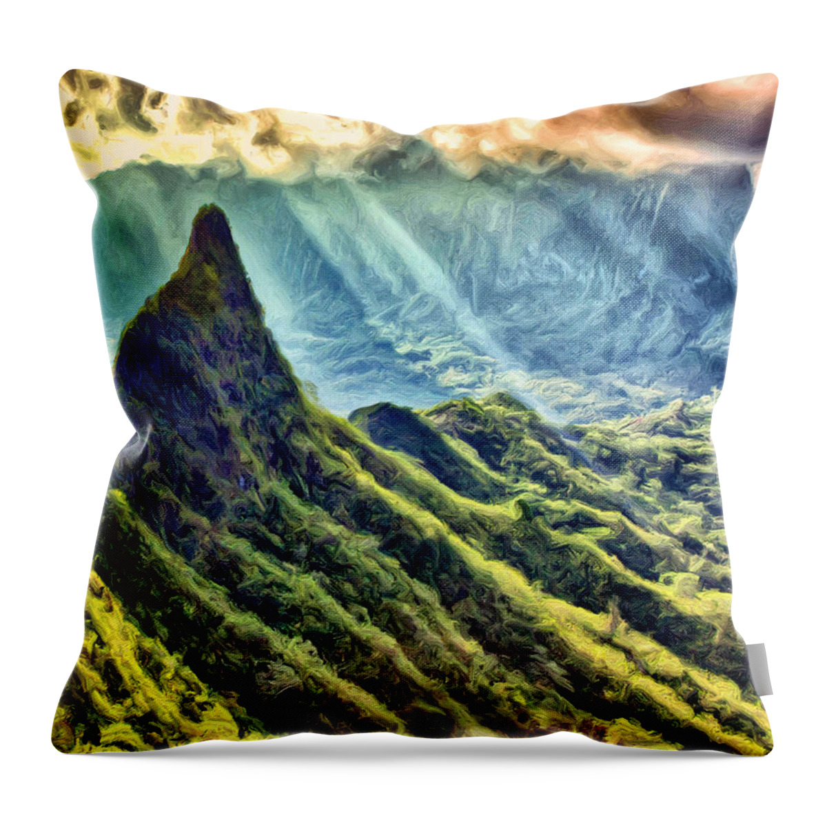 Olomana Throw Pillow featuring the painting Olomana and the Koolau Range by Dominic Piperata