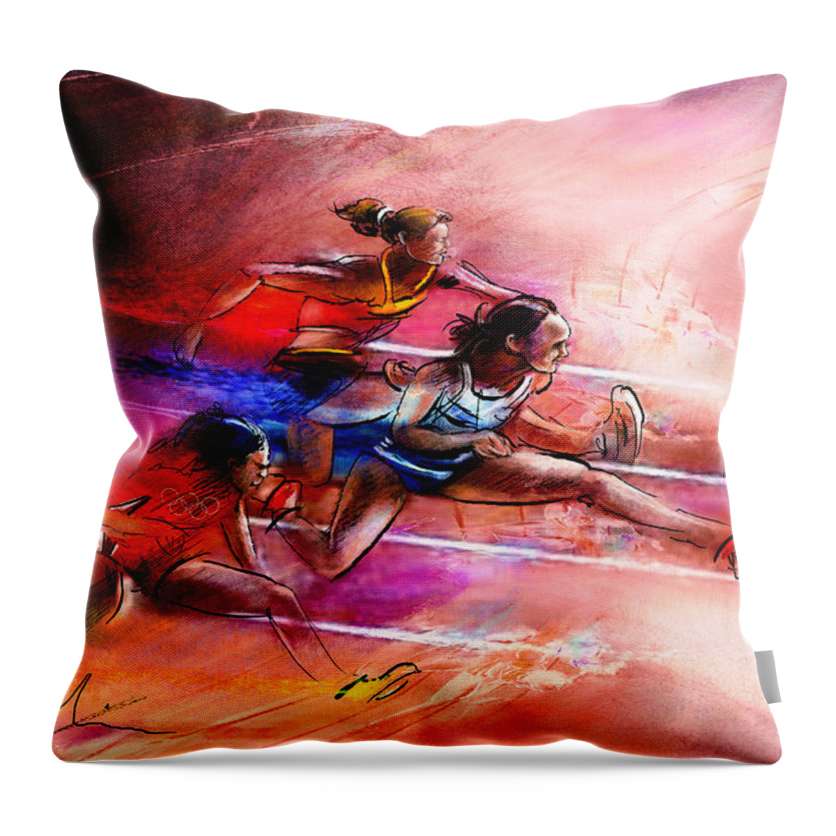 Sports Throw Pillow featuring the painting Olympics Heptathlon Hurdles 01 by Miki De Goodaboom