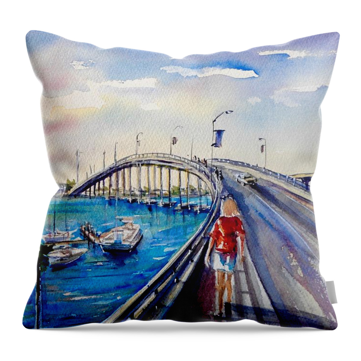 Bridge Throw Pillow featuring the painting On the bridge by Katerina Kovatcheva