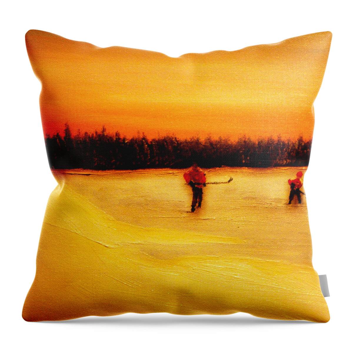 Shinny Hockey Painting Throw Pillow featuring the painting On the Pond with Dad by Desmond Raymond