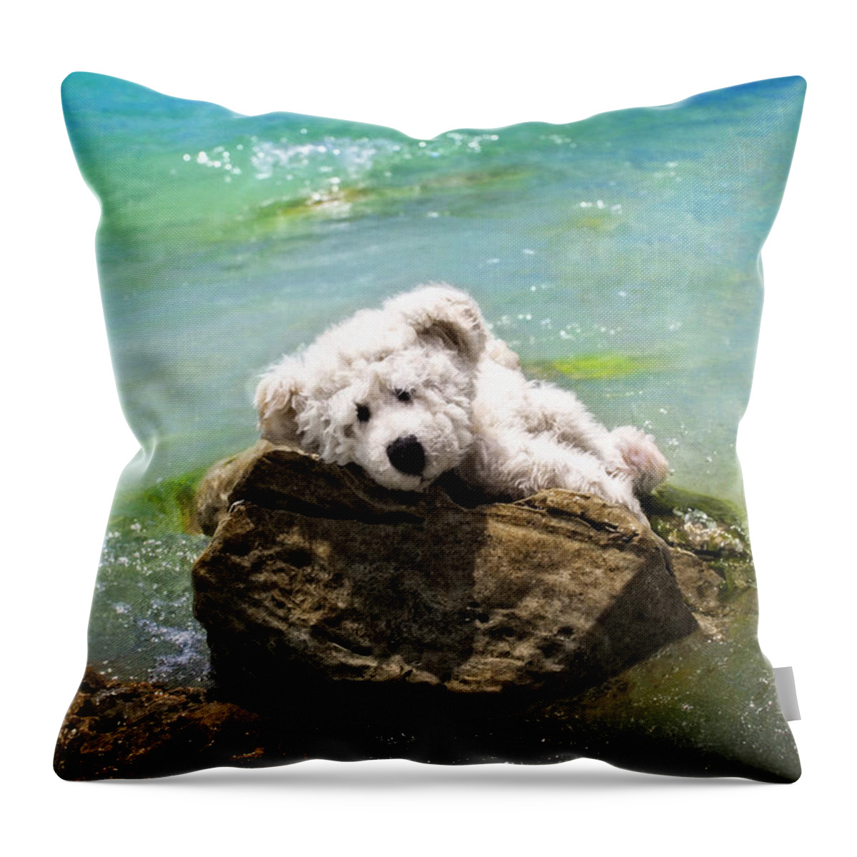Bear Throw Pillow featuring the painting On The Rocks - Teddy Bear Art By William Patrick and Sharon Cummings by Sharon Cummings