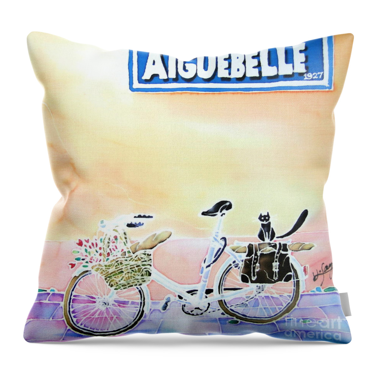 Bicycle Throw Pillow featuring the painting On the way by Hisayo OHTA