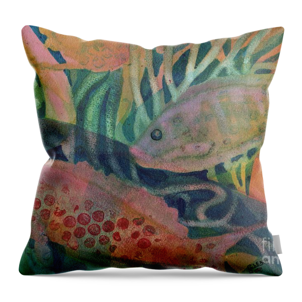 Underwater Throw Pillow featuring the painting One Two Pink Blue by Joan Clear