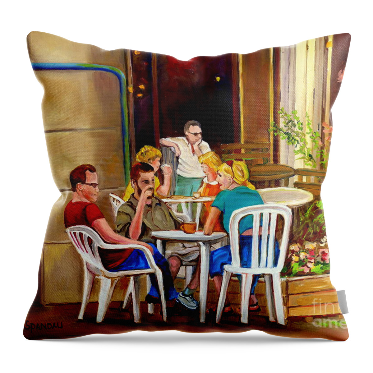 Montreal Throw Pillow featuring the painting Open Air Cafe Parisian Style Bistro-rue St Denis Montreal Cafe Paintings Carole Spandau by Carole Spandau