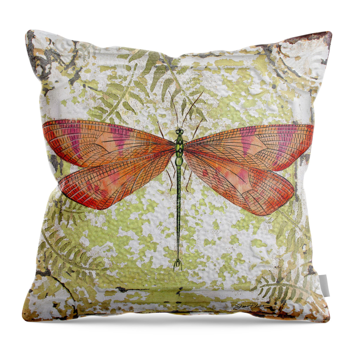 Acrylic Painting Throw Pillow featuring the painting Orange Dragonfly on Vintage Tin by Jean Plout