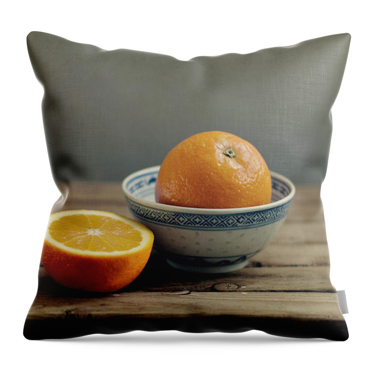 Orange Throw Pillow featuring the photograph Orange In Chinese Bowl And Half Orange by Copyright Anna Nemoy(xaomena)