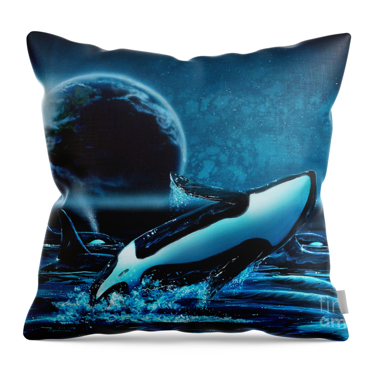 Orca Throw Pillow featuring the painting Orcas at night by Lachri