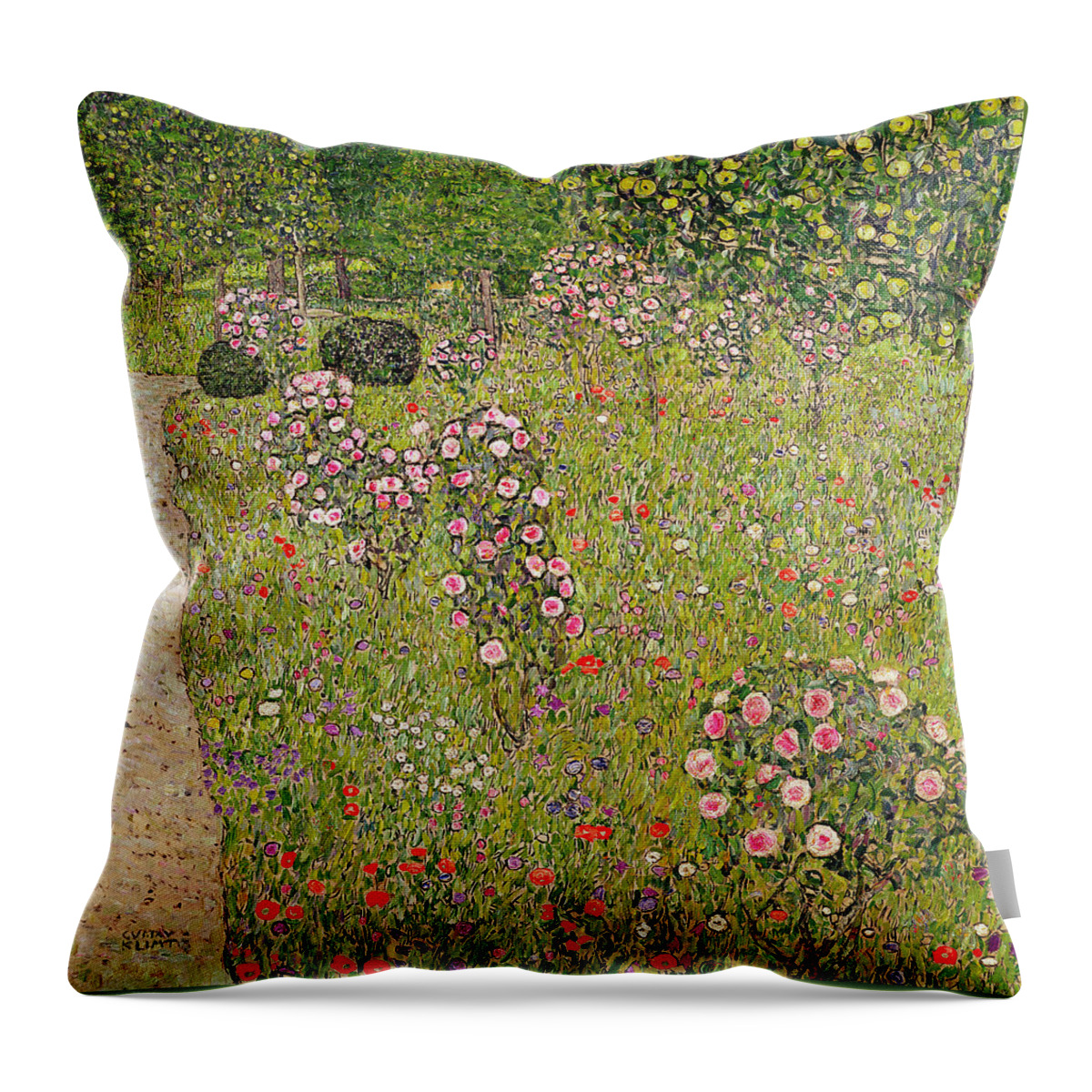Klimt Throw Pillow featuring the painting Orchard With Roses Obstgarten Mit Rosen by Gustav Klimt