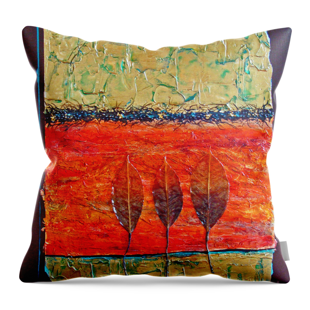 Organic Throw Pillow featuring the mixed media Organic with Three Leaves by Phyllis Howard