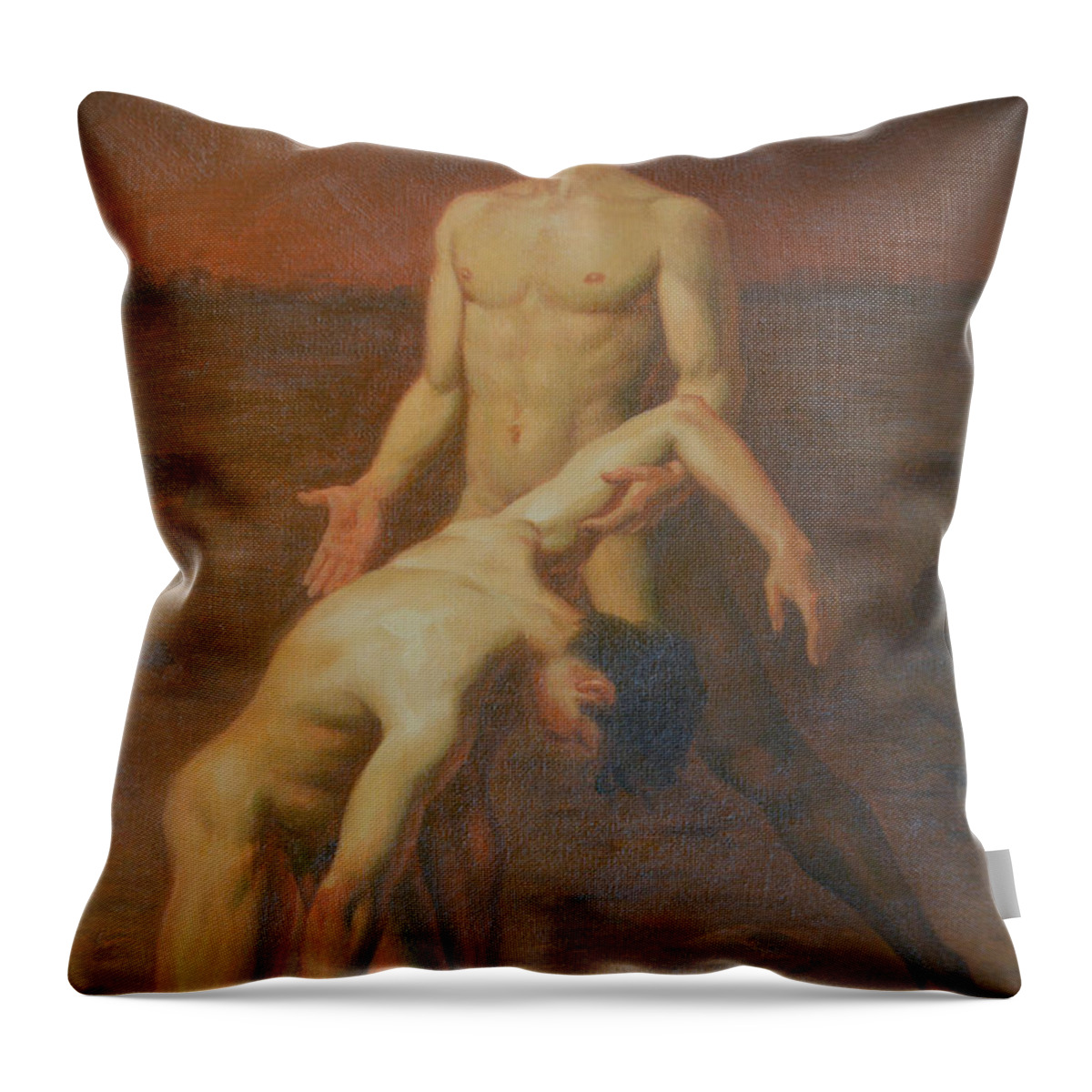 Original Throw Pillow featuring the painting Original Classic Oil Painting Body Art - Two Male Nude- 034 by Hongtao Huang