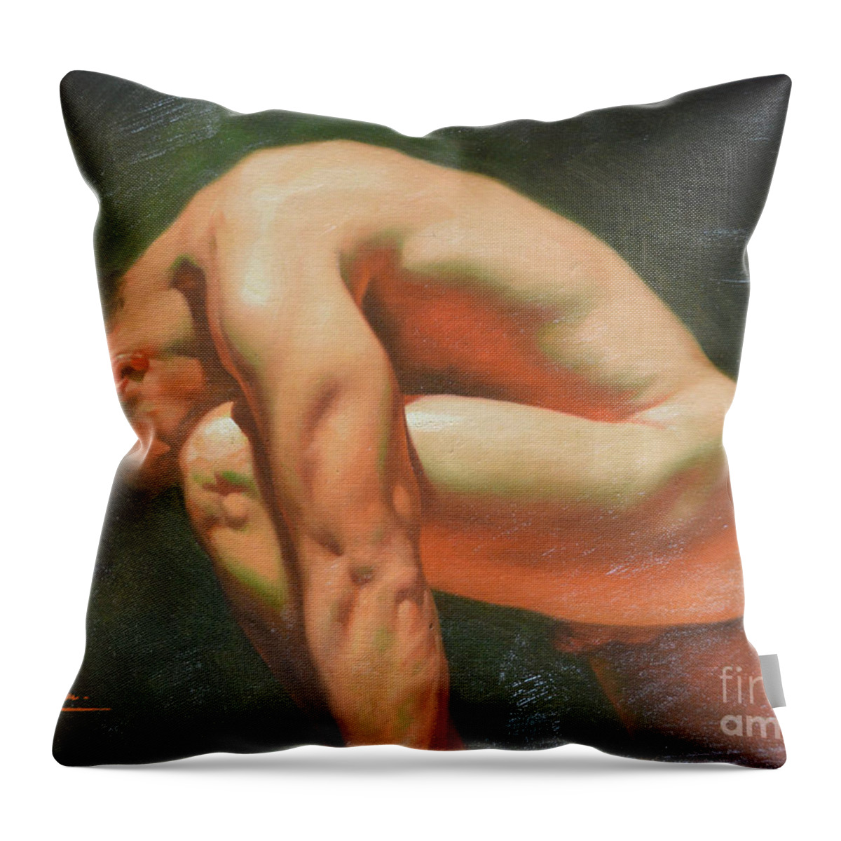 Original Oil Painting Throw Pillow featuring the painting Original classic oil painting man body art-male nude -042 by Hongtao Huang