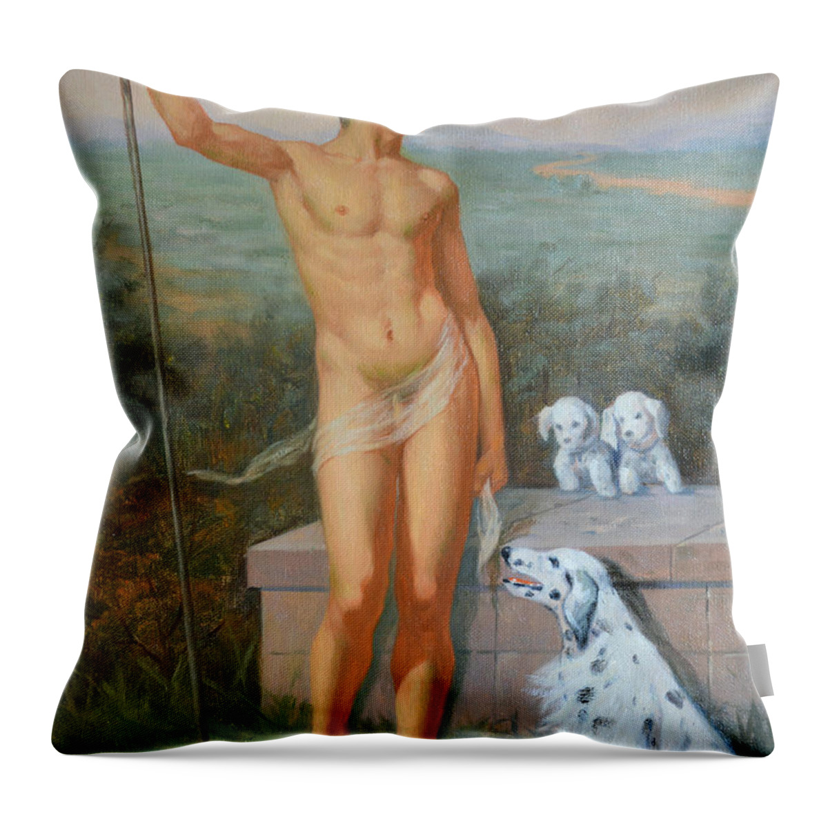 Original. Oil Painting Throw Pillow featuring the painting Original classic oil painting man body art-male nude and dogs #16-2-4-11 by Hongtao Huang