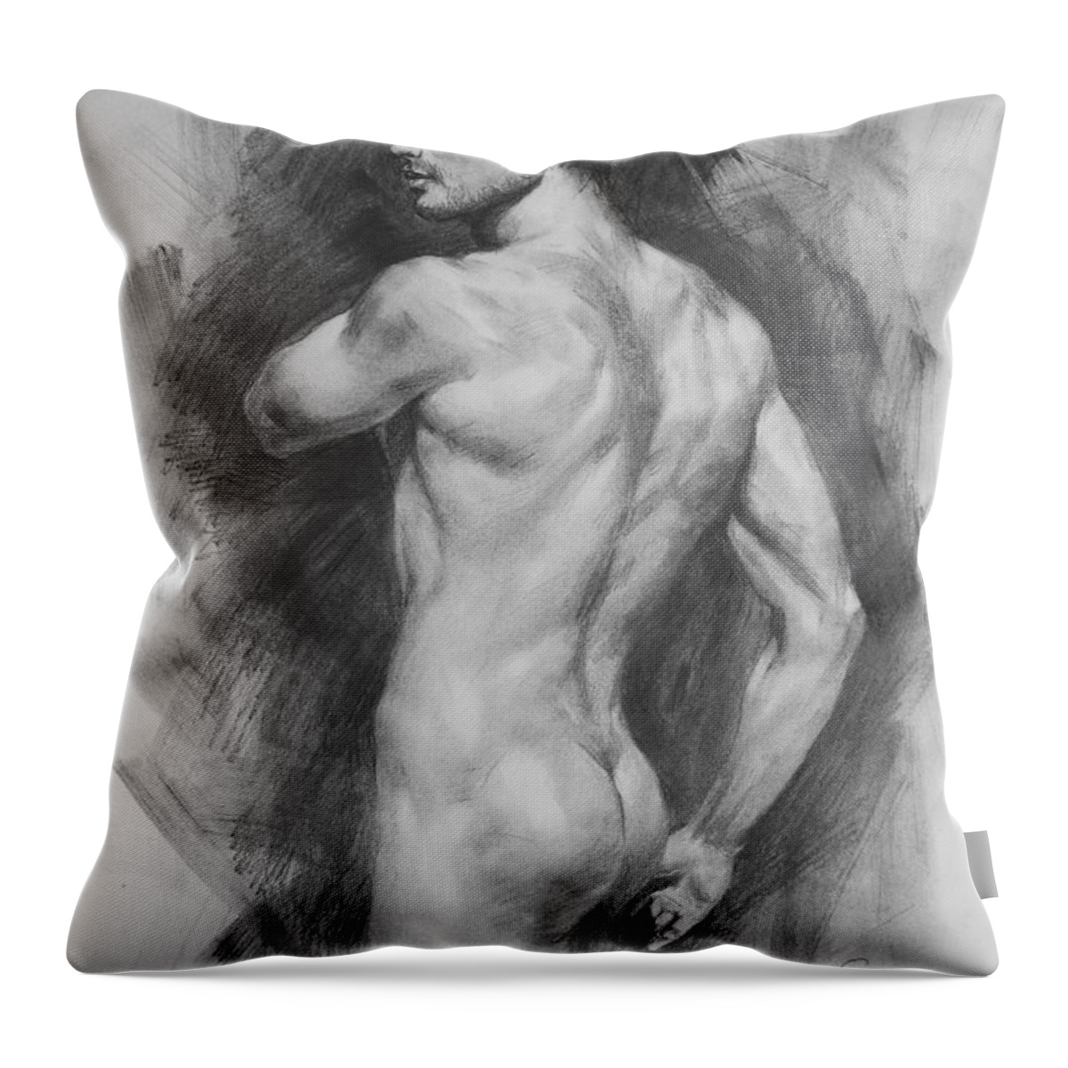 Original Sketch Throw Pillow featuring the painting Original Drawing Sketch Male Nude Gay Man Art Pencil On Paper By Hongtao by Hongtao Huang