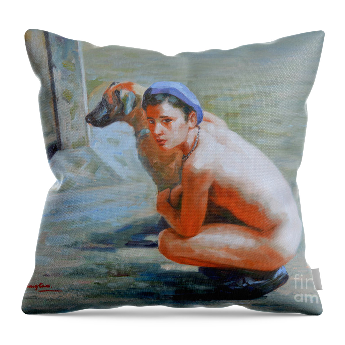 Original. Oil Painting Throw Pillow featuring the painting Original Impression Oil Painting Gay Man Body Art- Male Nude And Dog-020 by Hongtao Huang