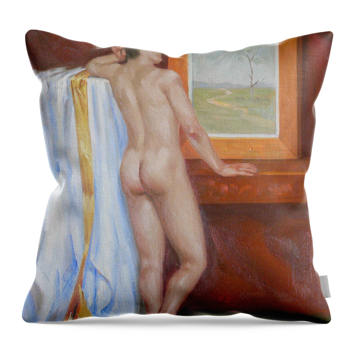 Original Gay Art Throw Pillow featuring the painting Original Oil Painting Male Nude Man Body Art Young Boy On Canvas#16-2-6-09 by Hongtao Huang
