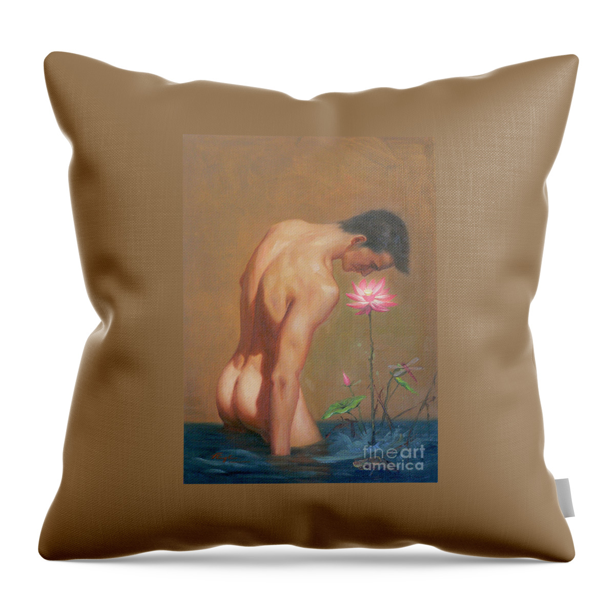 Original Throw Pillow featuring the painting Original Oil Painting Man Body Art-male Nude And Lotus#16-2-1-01 by Hongtao Huang