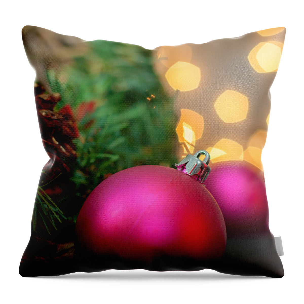Christmas Throw Pillow featuring the photograph Ornaments And Wreath by Eugene Campbell