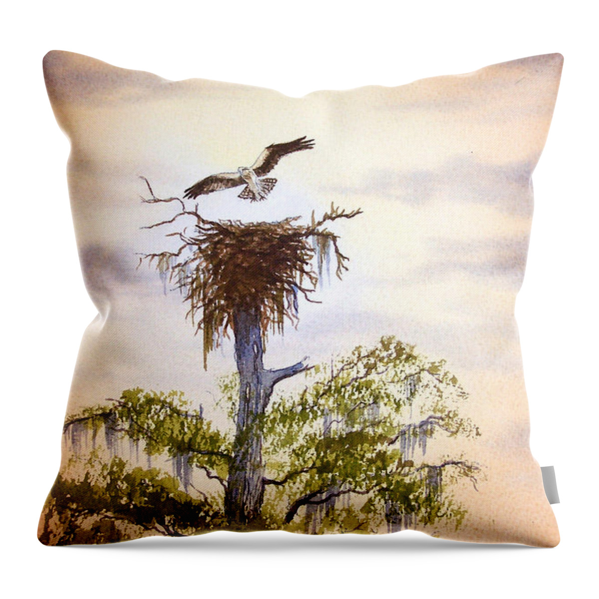 Osprey Throw Pillow featuring the painting Osprey Approaching Nest by Bill Holkham