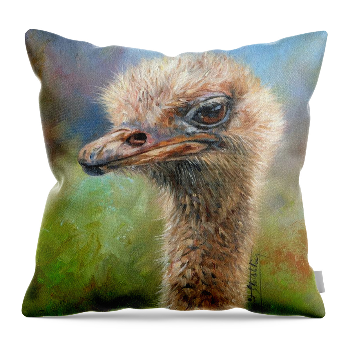 Ostrich Throw Pillow featuring the painting Ostrich by David Stribbling