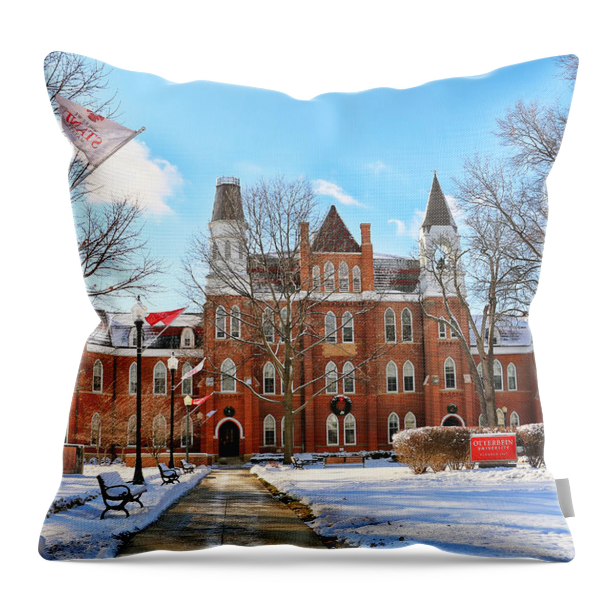 Otterbein University Throw Pillow featuring the photograph Otterbein University in Snow 7458 by Jack Schultz