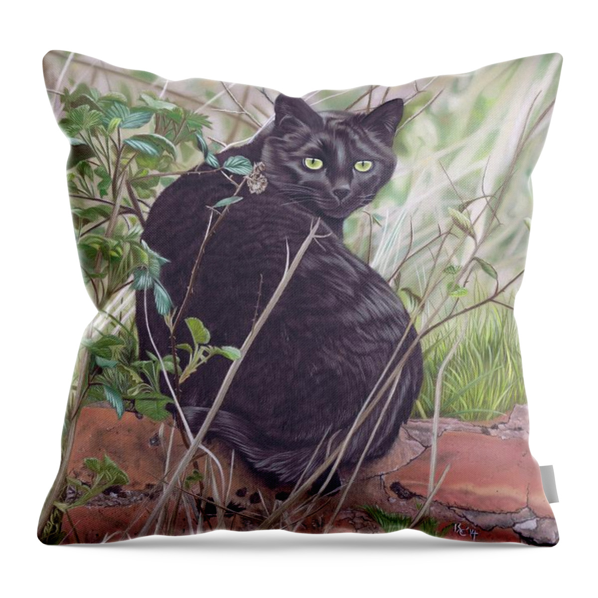 Cat Throw Pillow featuring the pastel Out Hunting by Karie-Ann Cooper