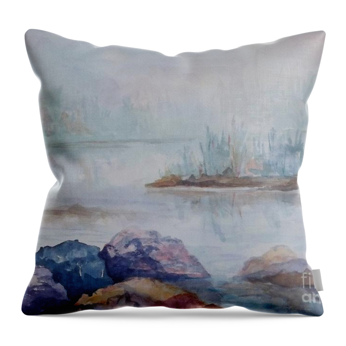 Rocks Throw Pillow featuring the painting Out of the Mist by Ellen Levinson