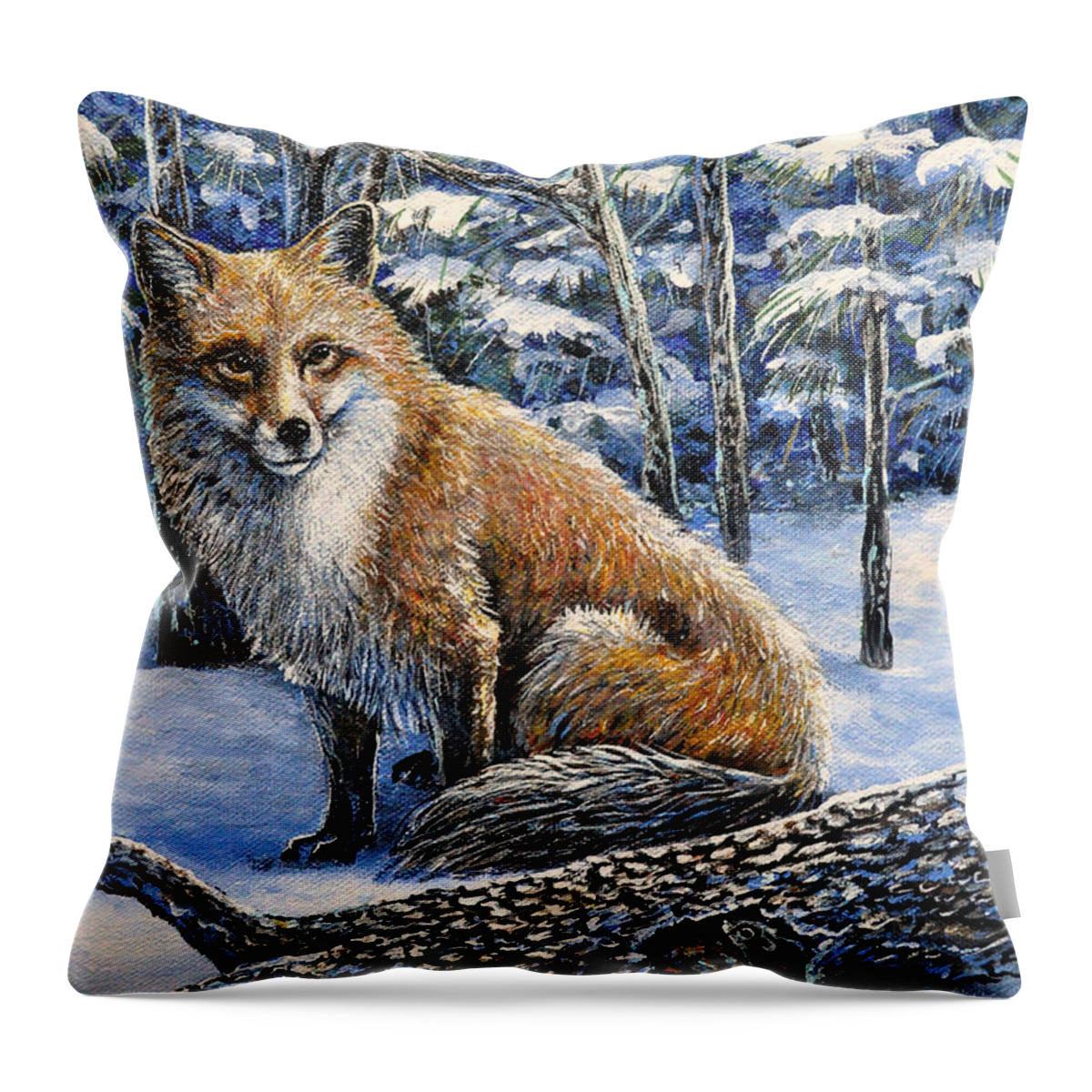 Nature Wildlife Fox Snow Winter Animal Mouse Throw Pillow featuring the painting Outfoxed by Gail Butler