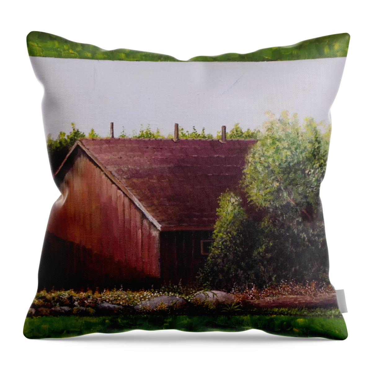 An Old Barn In The Fields That Is Overgrown With Large Bushes. Next To The Barn Are Several Types Of Wild Flowers. Throw Pillow featuring the painting Overgrown Barn by Martin Schmidt