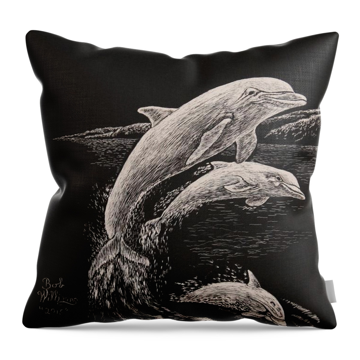 Clayboard Throw Pillow featuring the painting Pacific Ocean Acrobats by Bob Williams