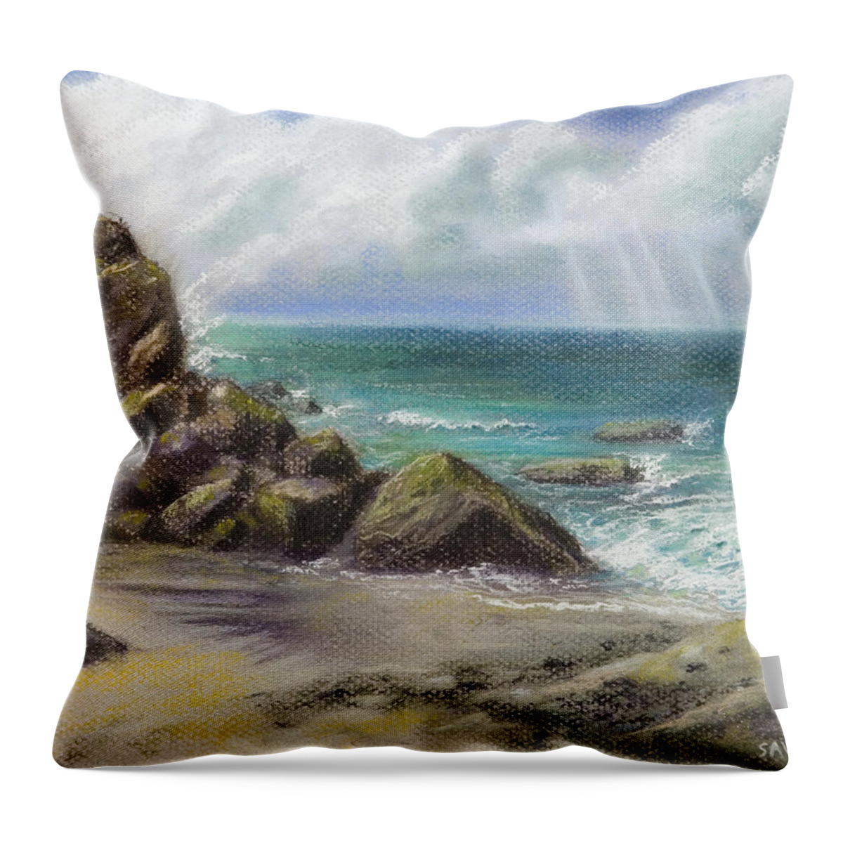 Seascape Beach Ocean Pacific Storm Waves Rocks Sand Landscape Aqua Nature Laguna Beach Aliso Throw Pillow featuring the pastel Pacific Splendor by Brenda Salamone
