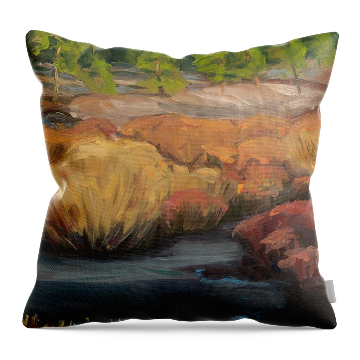 Ponderosa Throw Pillow featuring the painting Pagosa Pines in Autumn by Celeste Drewien