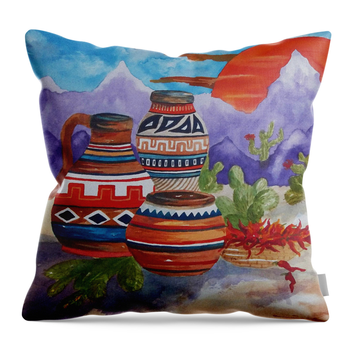 Desert Throw Pillow featuring the painting Painted Pots and Chili Peppers by Ellen Levinson