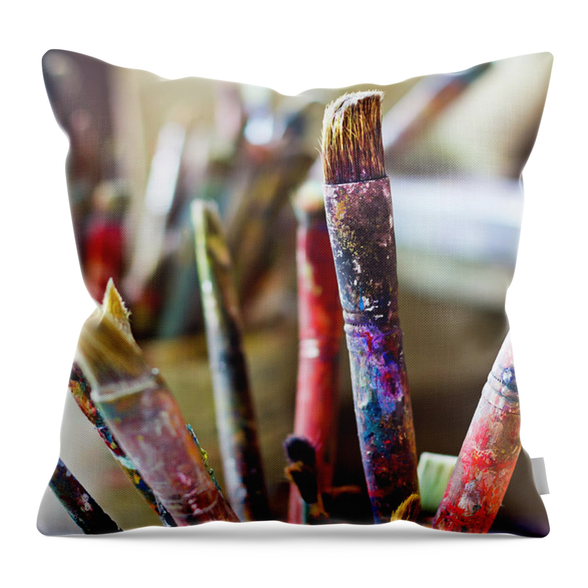Close-up Throw Pillow featuring the photograph Painters Brushes by Picturegarden