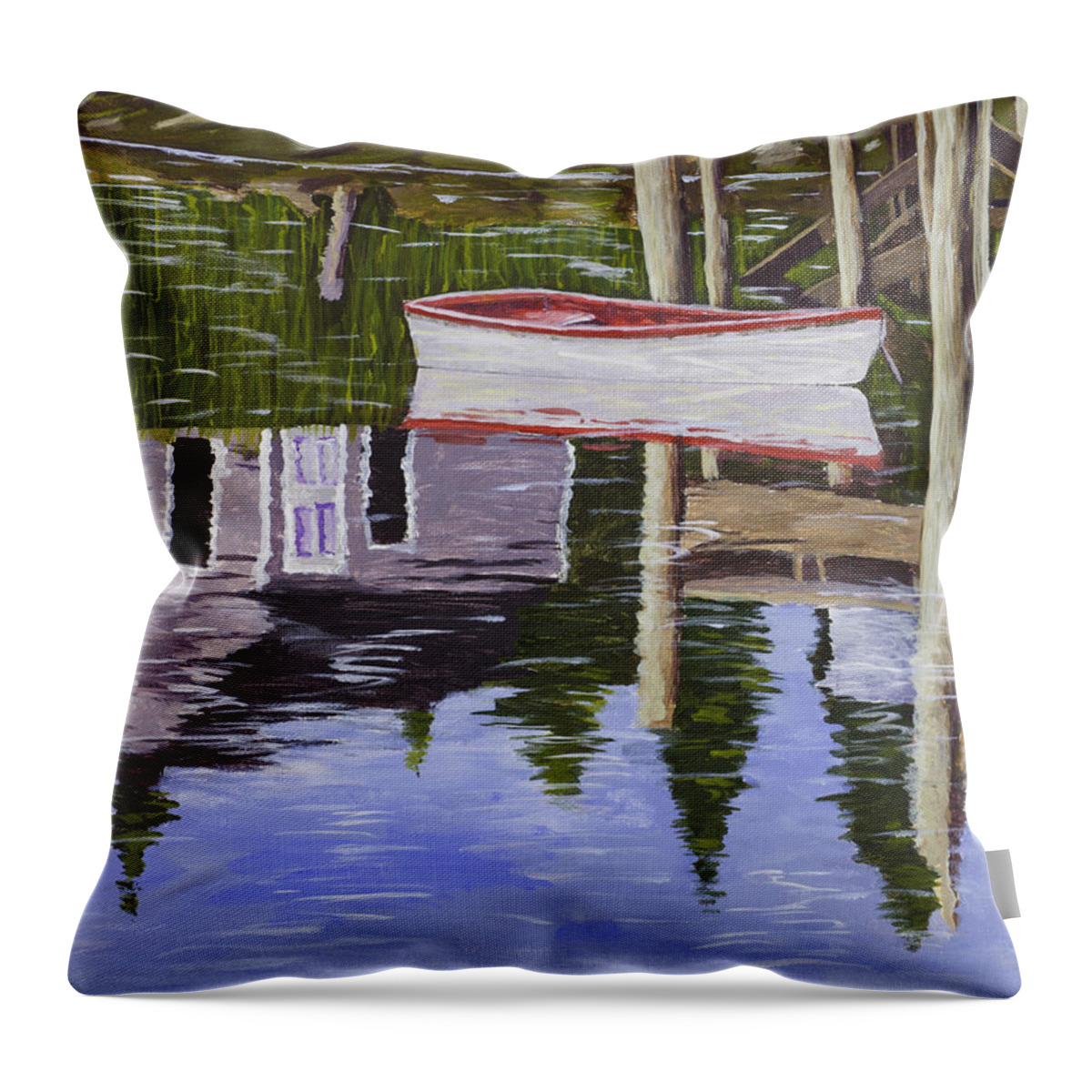 Small Throw Pillow featuring the painting Small Boat And Water Reflections in Maine by Keith Webber Jr