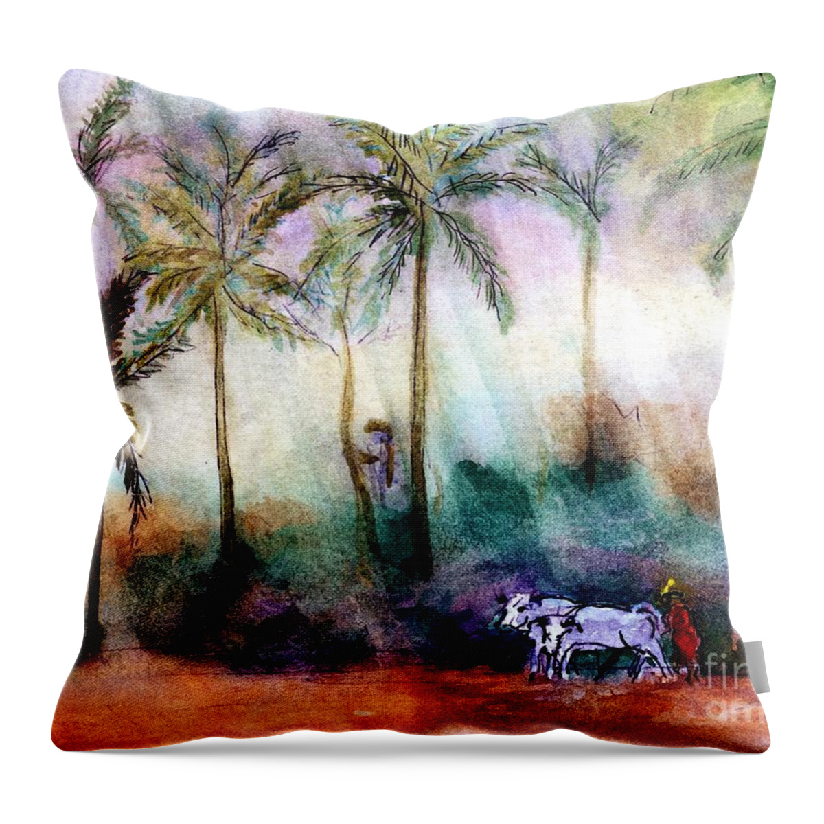 Burma Throw Pillow featuring the painting Pair of Oxen by Randy Sprout