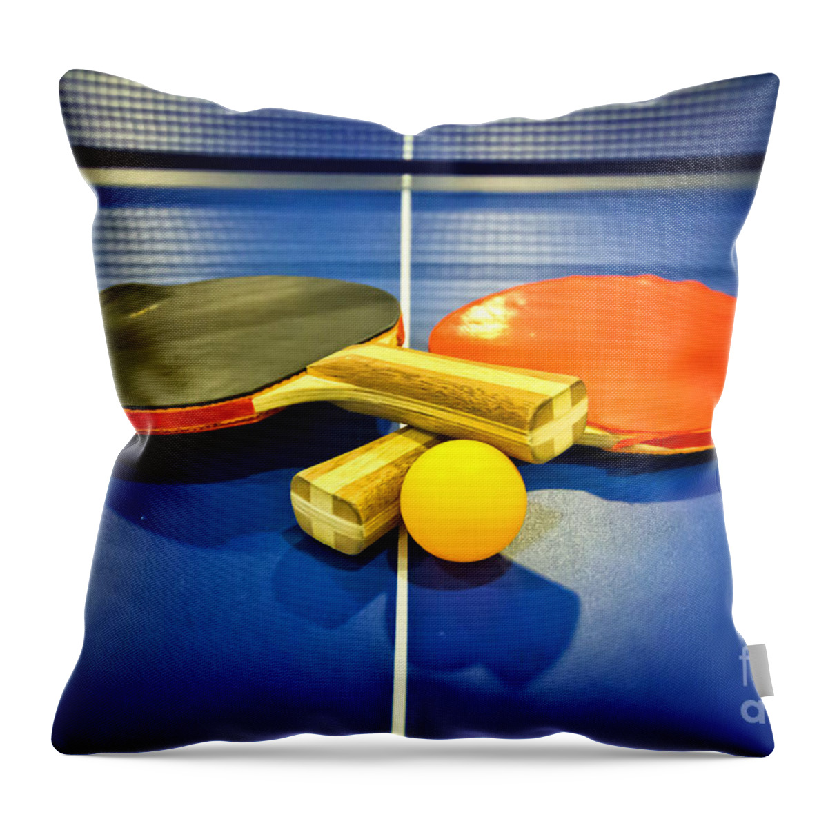 Ping-pong Throw Pillow featuring the photograph Pair of Ping-pong Bats Table Tennis Paddles Rackets on Blue by Beverly Claire Kaiya