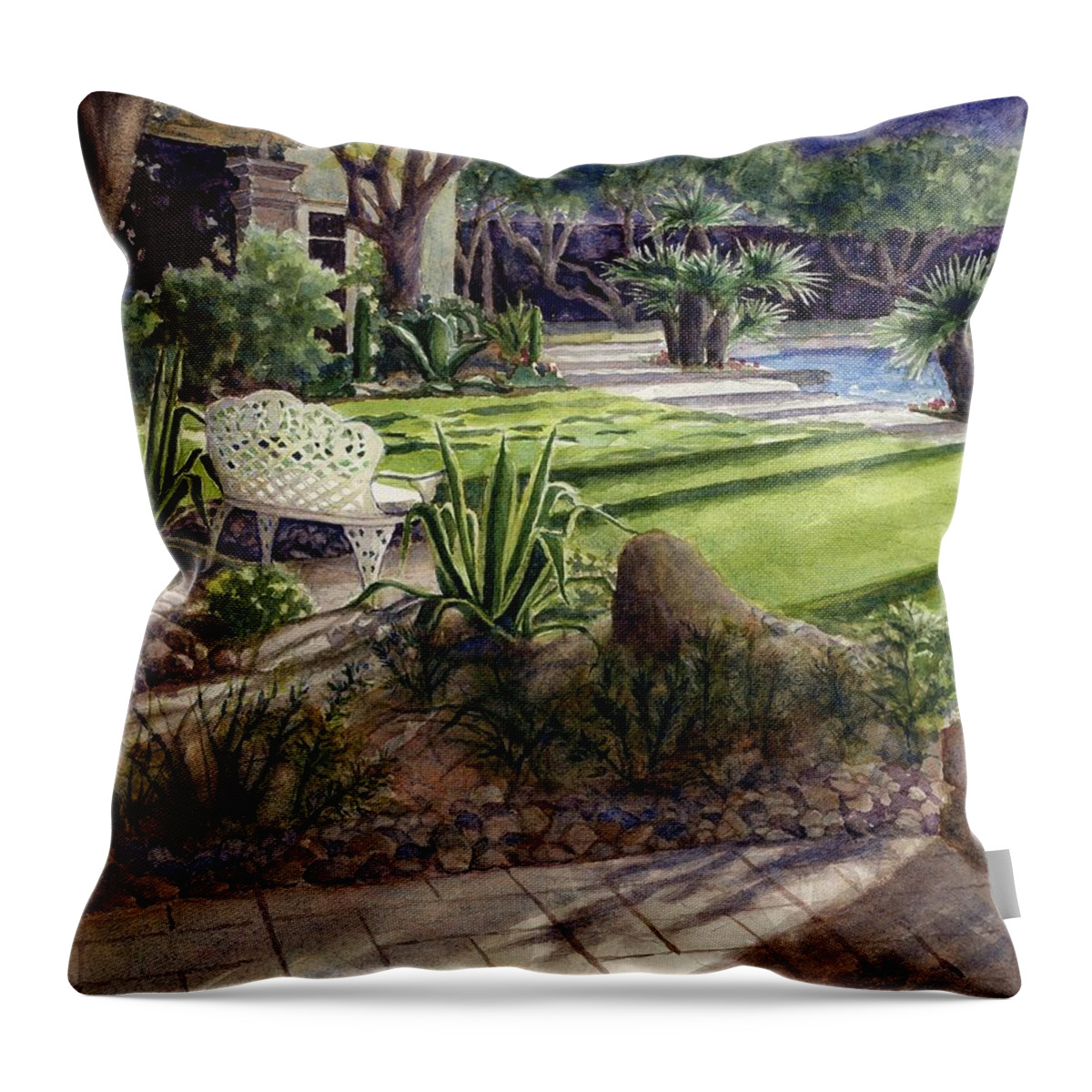 Palm Springs Ca Throw Pillow featuring the painting Palm Springs backyard by Janet King