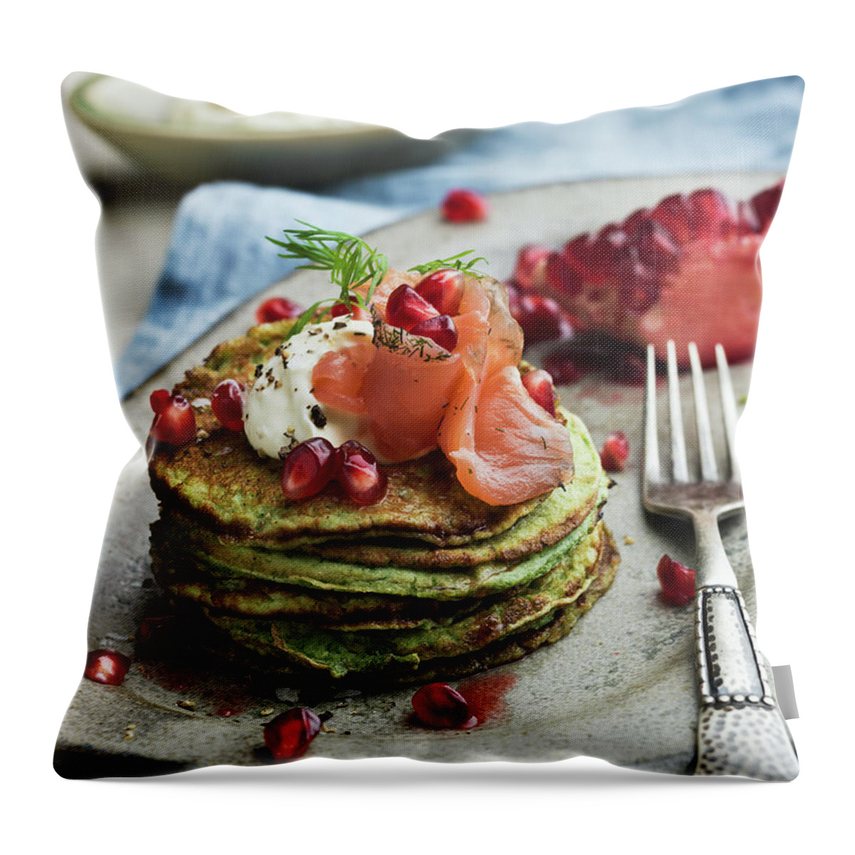 Sweden Throw Pillow featuring the photograph Pancakes With Salmon, Sweden by Johner Images