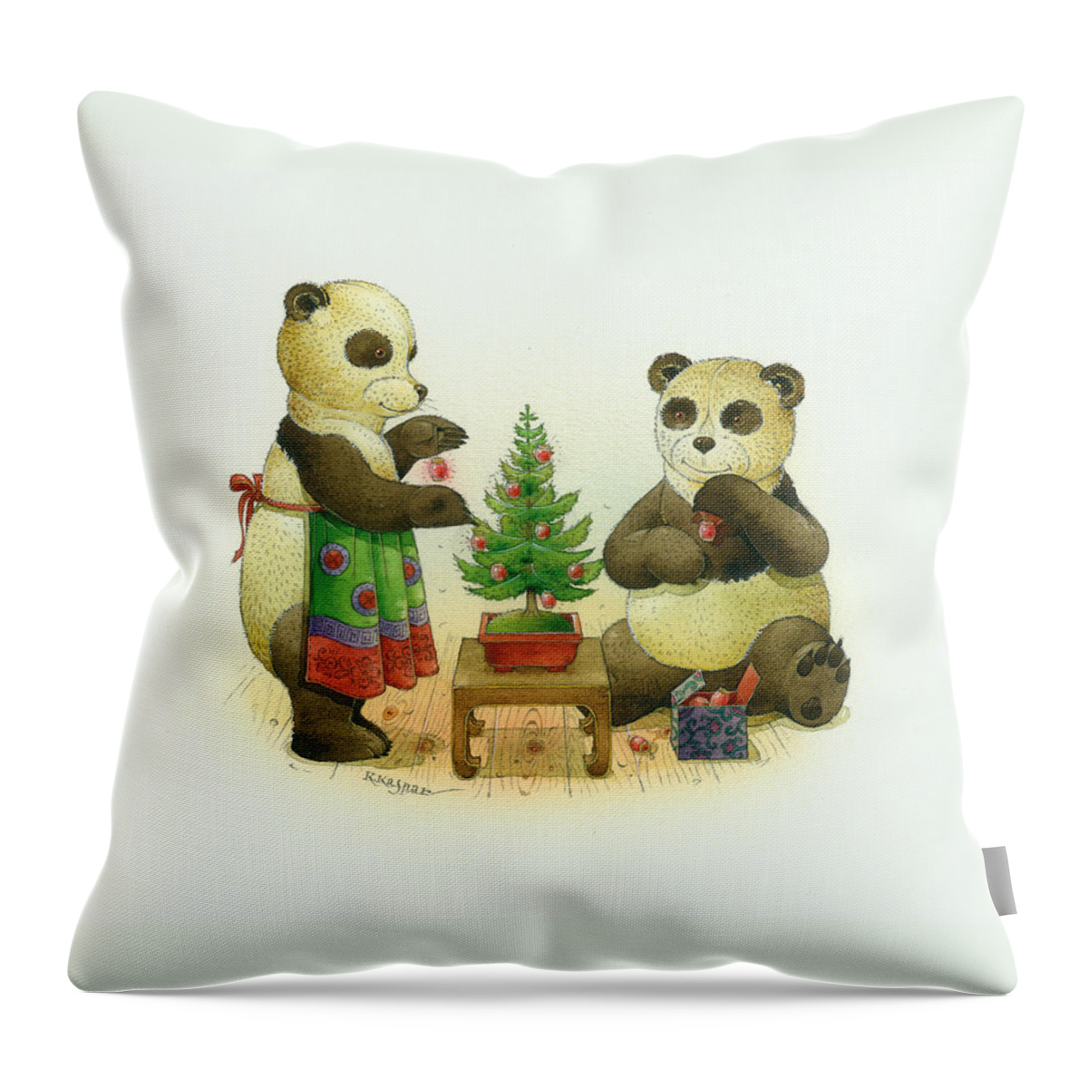 Christmas Greetin Card Pandas Winter Christmas Tree Throw Pillow featuring the painting Pandabears Cristmas 02 by Kestutis Kasparavicius