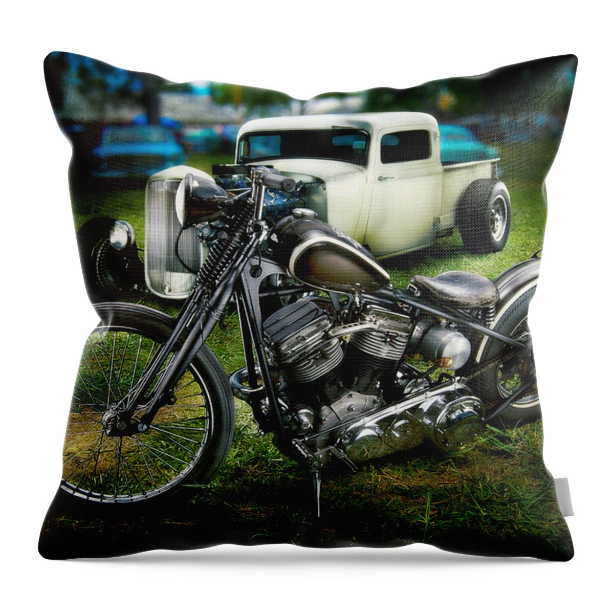 Antique Throw Pillow featuring the photograph Panhead Harley and Ford Pickup by YoPedro