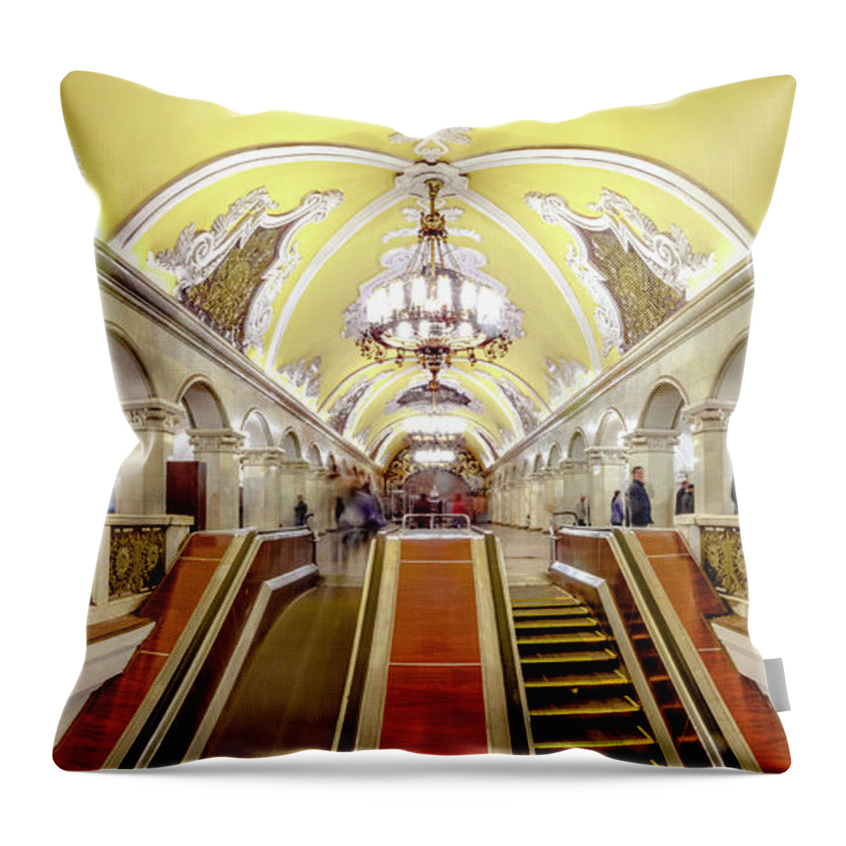 Arch Throw Pillow featuring the photograph Panoramic View - Moscow Metro Escalator by Mordolff