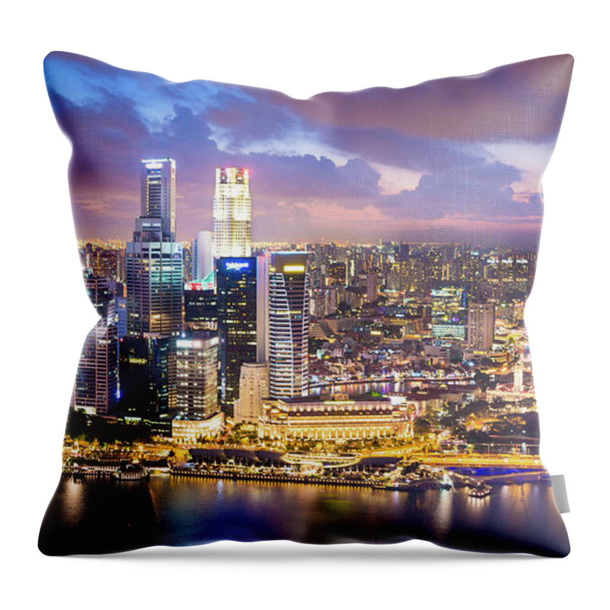 Downtown District Throw Pillow featuring the photograph Panoramic View Of Singapore At Dusk by Primeimages