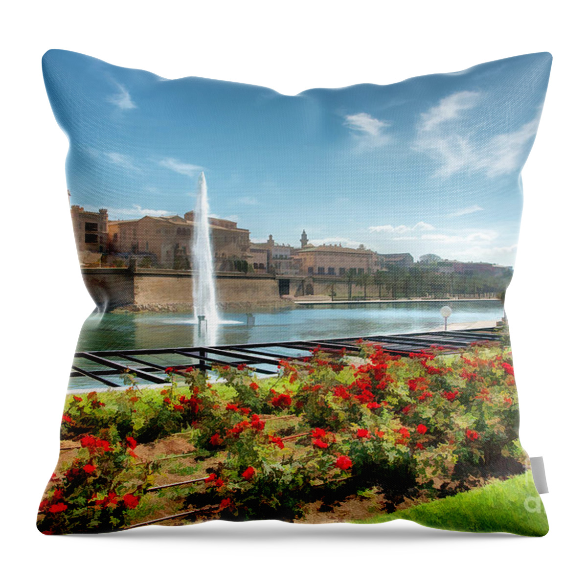 Palma Mallorca Throw Pillow featuring the painting Parc de la Mer Mallorca Spain by John Edwards